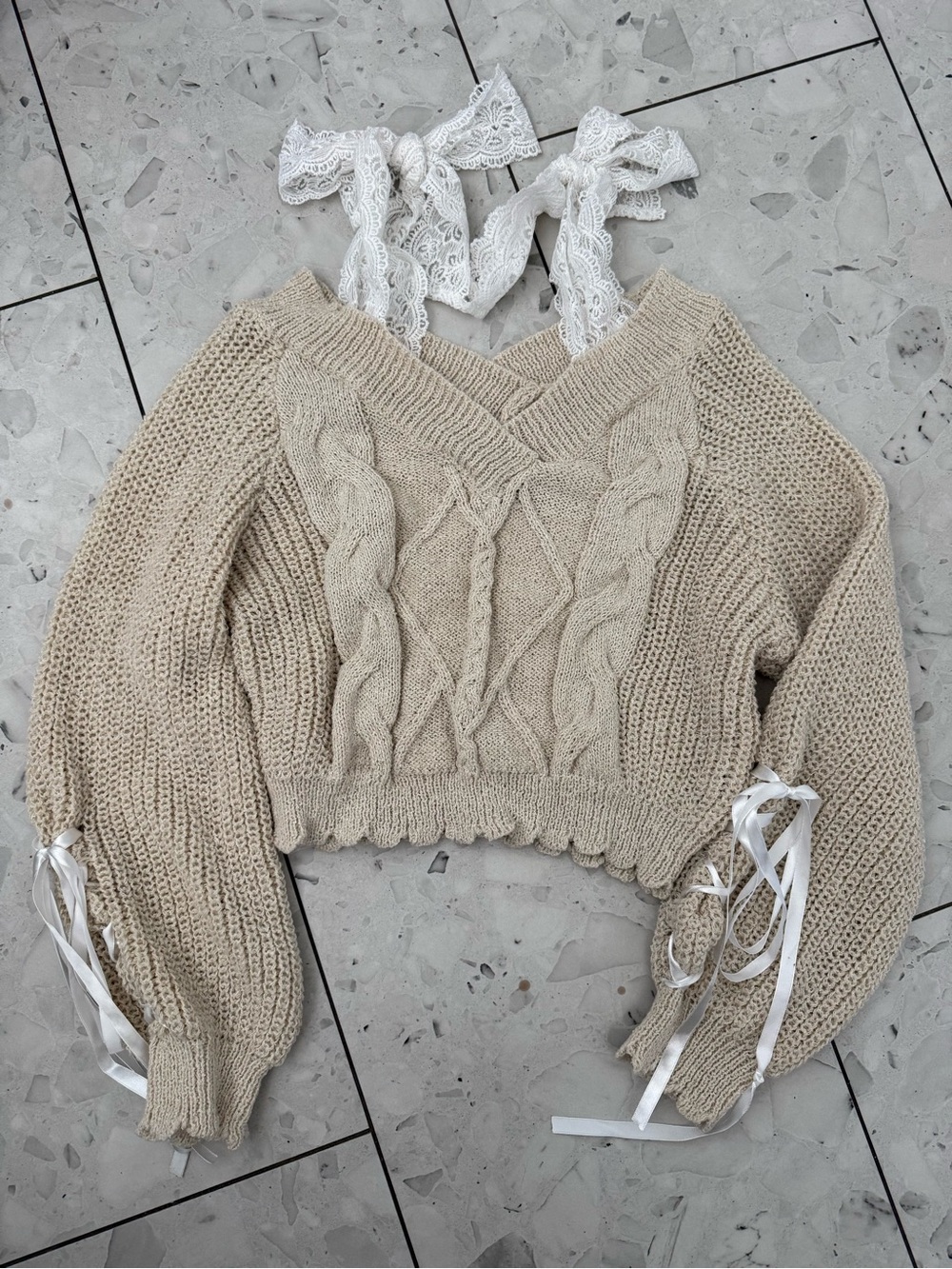 ROMWE Beige Cable Knit Cropped Sweater With Lace Ribbon Womens S